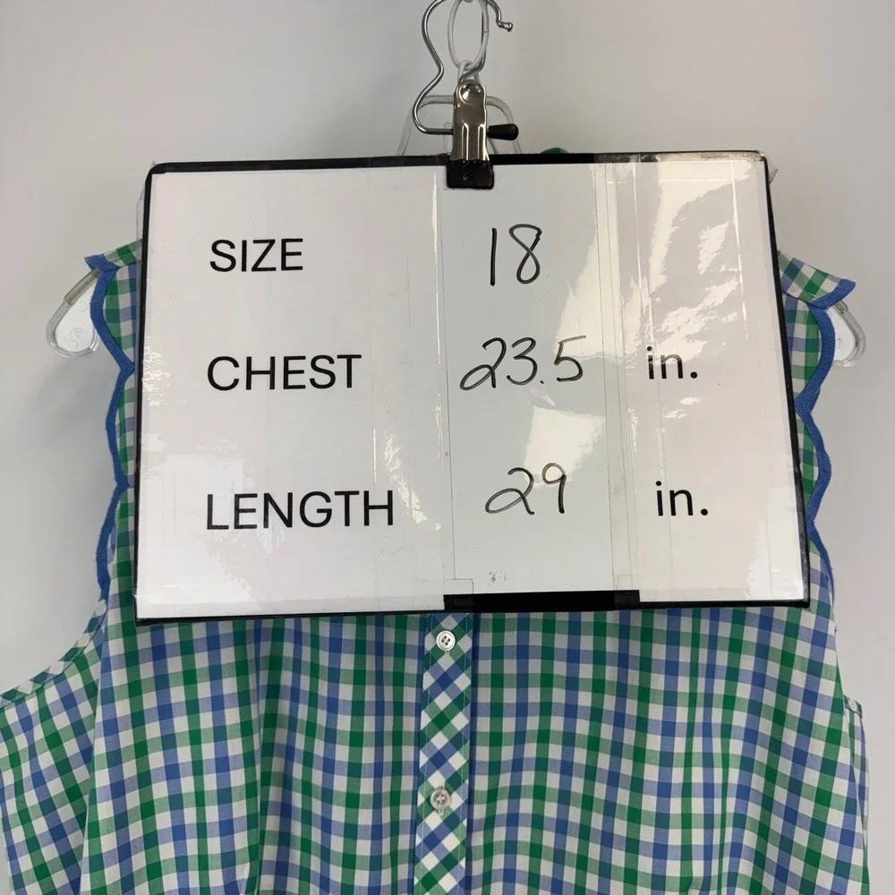 Talbots Womens 18 Gingham Sleeveless Button Down Shirt Scallop Trim Green Blue - Picture 2 of 13
